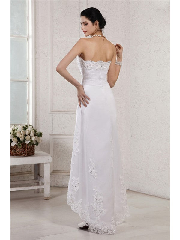 Sheath/Column Sweetheart Sleeveless Beading Applique High Low Organza Wedding Dresses