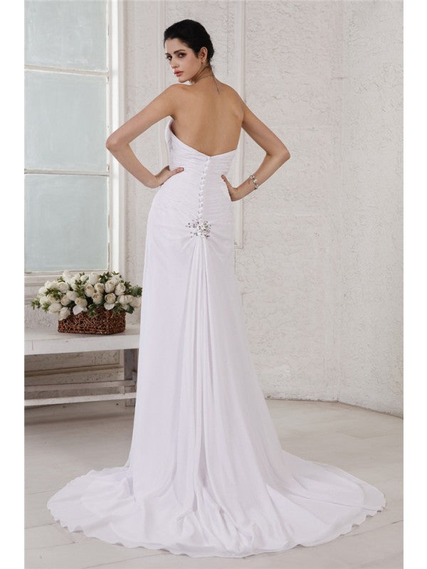 Sheath/Column Strapless Sleeveless Beading Applique Pleats Long Chiffon Wedding Dresses