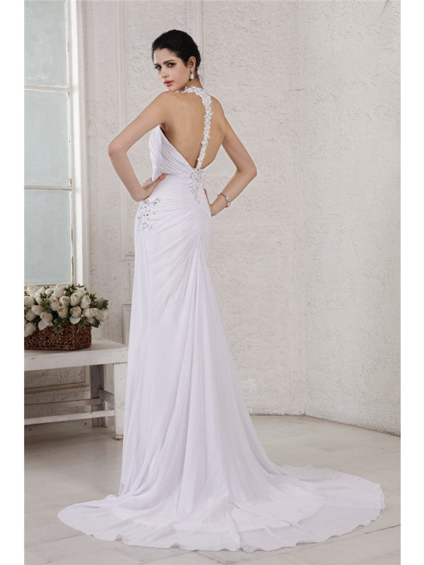 Trumpet/Mermaid Halter Sleeveless Beading Applique Long Chiffon Wedding Dresses