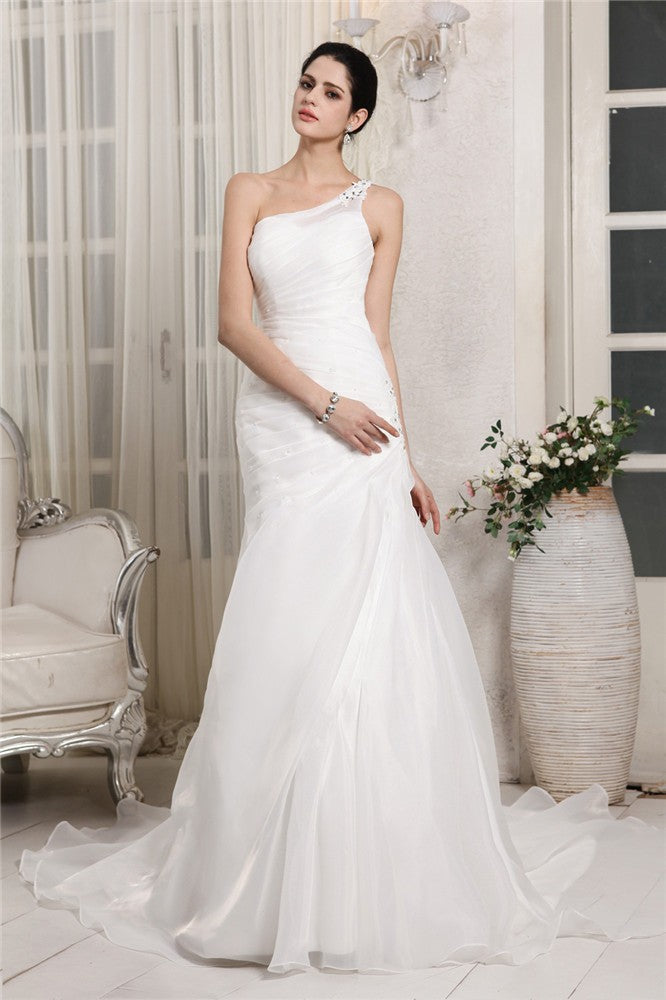 Trumpet/Mermaid One-Shoulder Sleeveless Beading Applique Long Organza Wedding Dresses
