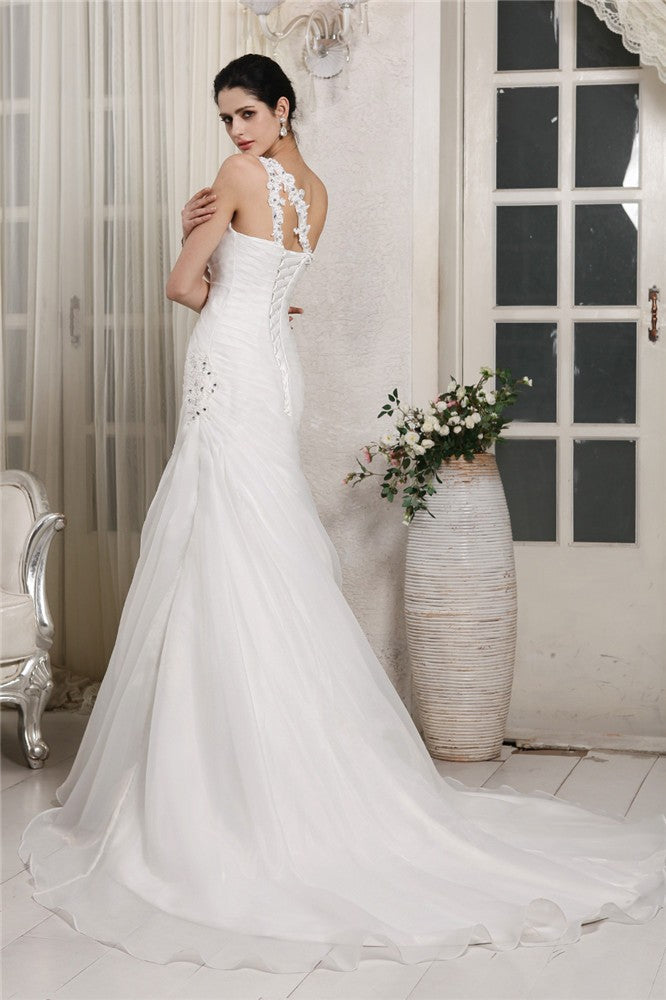 Trumpet/Mermaid One-Shoulder Sleeveless Beading Applique Long Organza Wedding Dresses