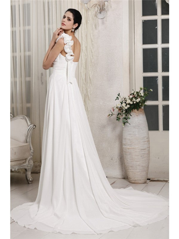 Sheath/Column One-Shoulder Sleeveless Ruffles Long Chiffon Wedding Dresses