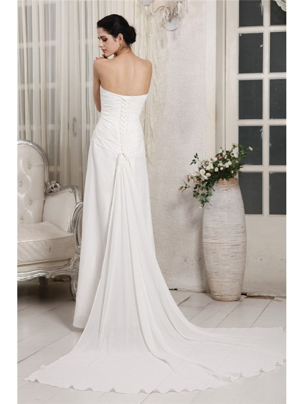 Sheath/Column Sweetheart Sleeveless Ruffles Long Chiffon Wedding Dresses