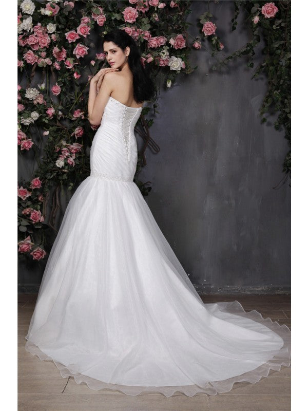 Trumpet/Mermaid Sweetheart Sleeveless Beading Pleats Ruffles Long Organza Wedding Dresses