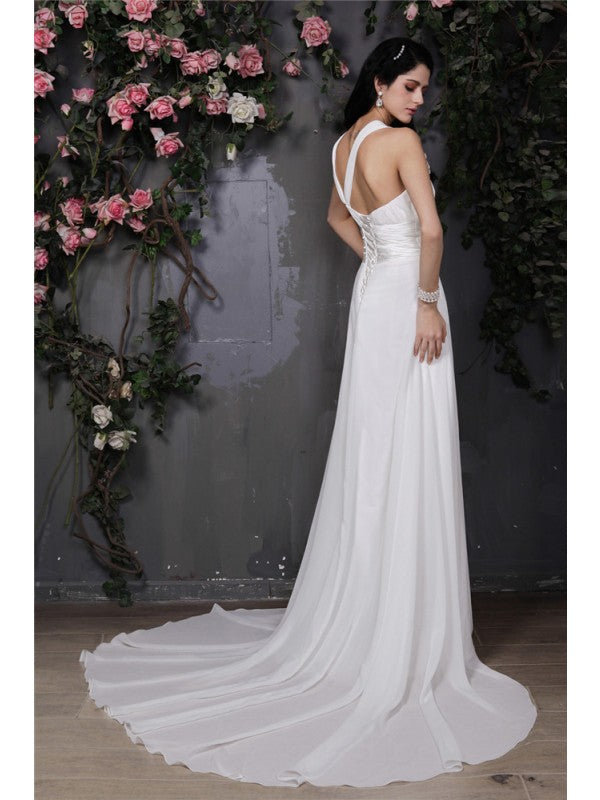 Sheath/Column Halter Sleeveless Hand-Made Flower Pleats Long Chiffon Wedding Dresses