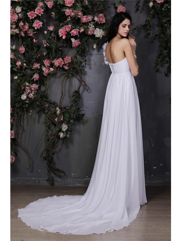 A-Line/Princess One-Shoulder Sleeveless Hand-Made Flower Ruffles Long Chiffon Wedding Dresses