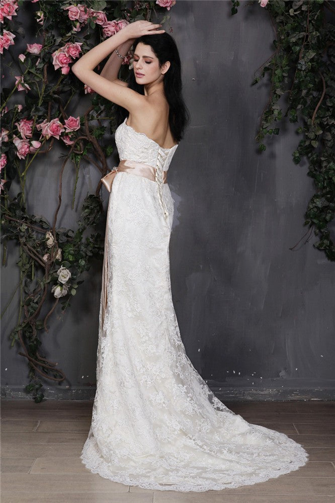 Sheath/Column Strapless Sleeveless Sash Long Lace Wedding Dresses