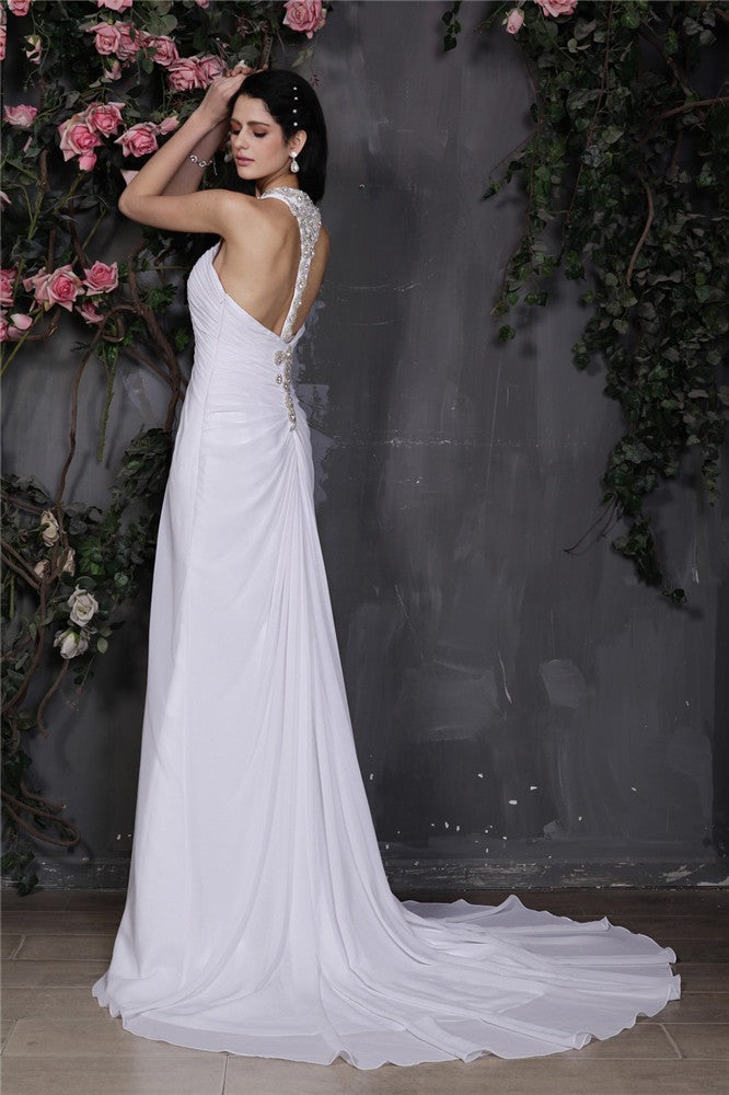 Sheath/Column Halter Sleeveless Beading Ruffles Long Chiffon Wedding Dresses