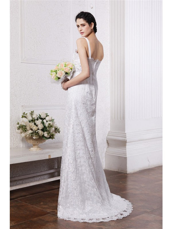 Sheath/Column Square Neck Sleeveless Ruffles Ruched Long Chiffon Net Wedding Dresses