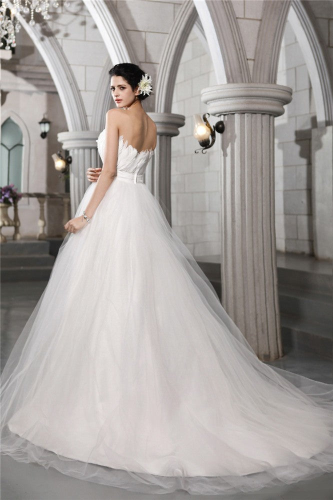 Ball Gown Strapless Sleeveless Beading Feather Long Net Wedding Dresses
