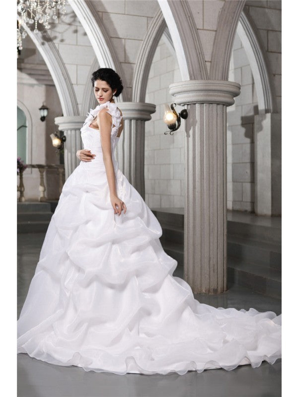 Ball Gown One-Shoulder Sleeveless Pleats Long Organza Wedding Dresses