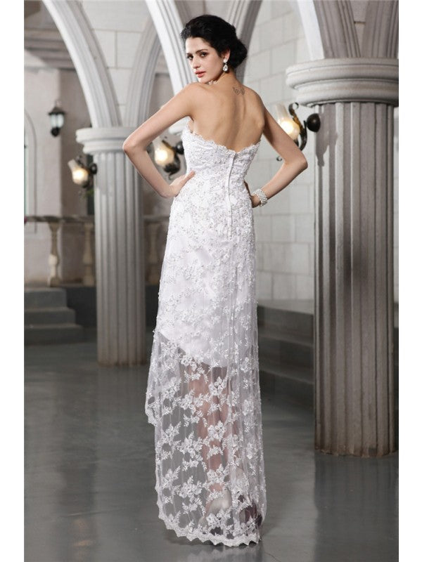 Sheath/Column Strapless Sleeveless Beading High Low Lace Wedding Dresses