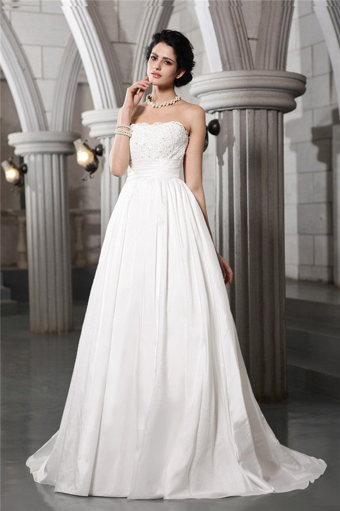 A-Line/Princess Strapless Sleeveless Beading Applique Long Taffeta Wedding Dresses