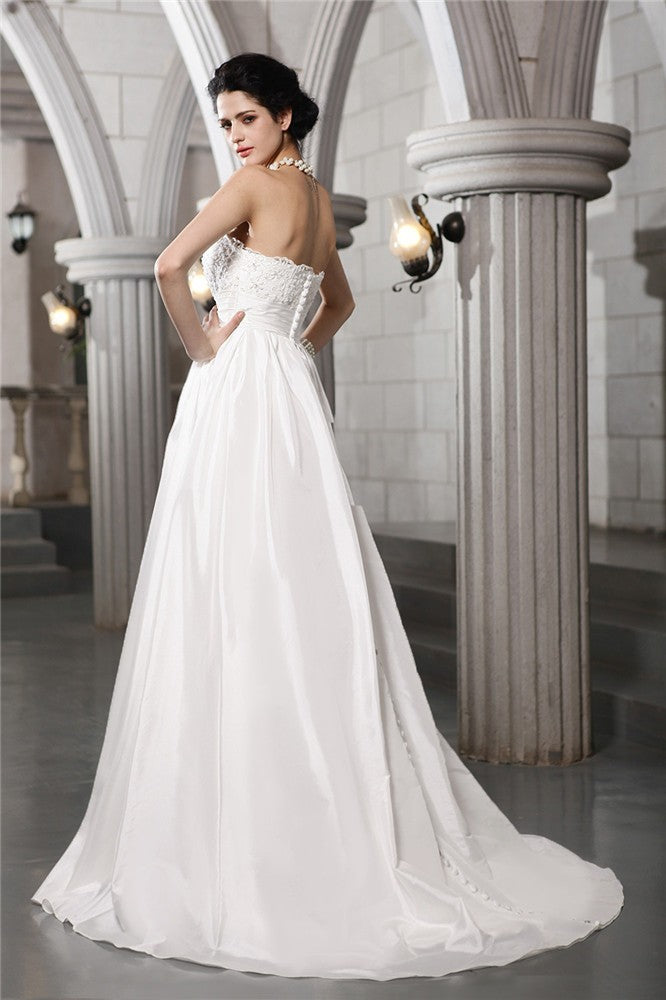 A-Line/Princess Strapless Sleeveless Beading Applique Long Taffeta Wedding Dresses