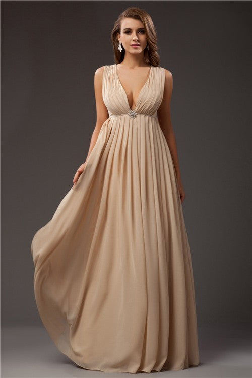 A-Line/Princess V-neck Sleeveless Beading Long Chiffon Dresses