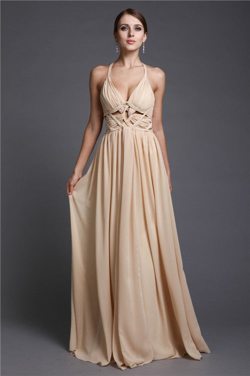 A-Line/Princess V-neck Sleeveless Long Ruffles Chiffon Dresses