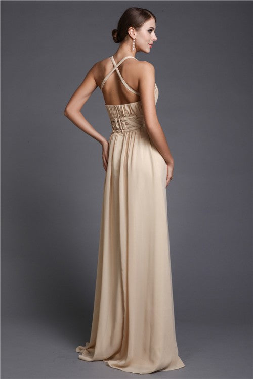 A-Line/Princess V-neck Sleeveless Long Ruffles Chiffon Dresses