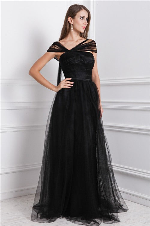 A-Line/Princess Bateau Sleeveless Ruffles Long Net Dresses