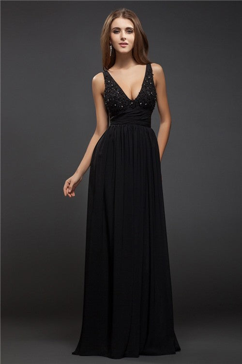 Sheath/Column V-neck Sleeveless Beading Lace Long Chiffon Dresses