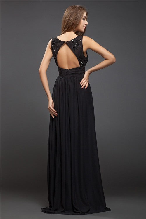 Sheath/Column V-neck Sleeveless Beading Lace Long Chiffon Dresses