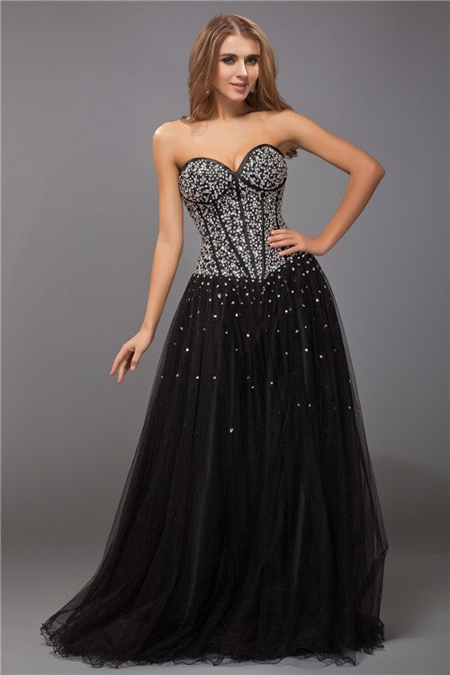 Sheath/Column Sweetheart Sleeveless Beading Long Net Satin Dresses