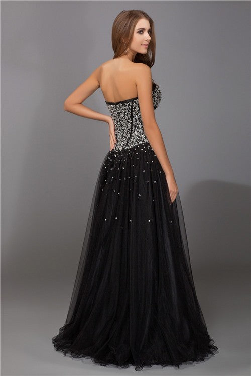 Sheath/Column Sweetheart Sleeveless Beading Long Net Satin Dresses