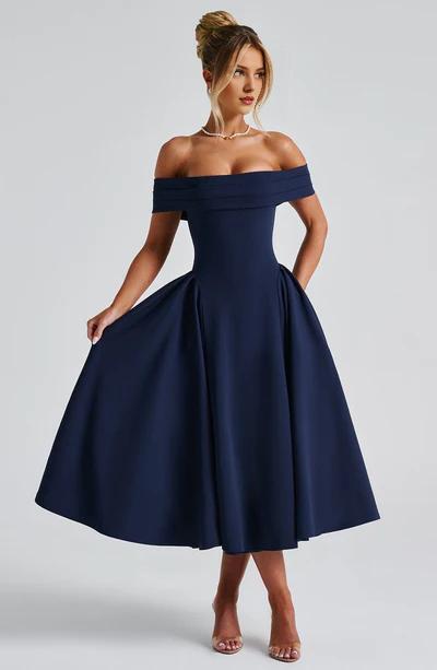 A-Line Off-the-Shoulder Bardot neckline with pleat detail Midi length Prom Dress ﻿