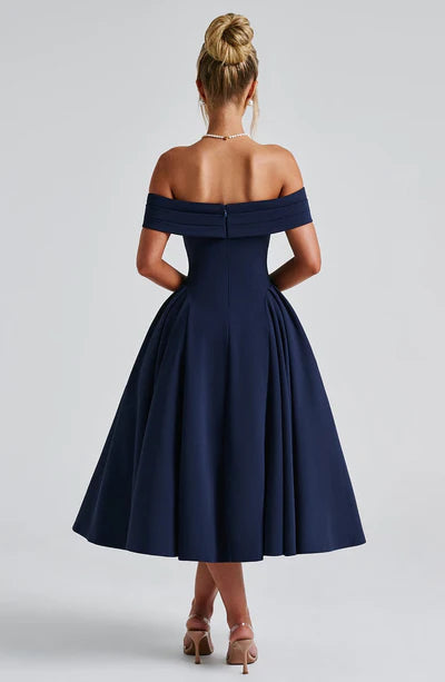 A-Line Off-the-Shoulder Bardot neckline with pleat detail Midi length Prom Dress ﻿