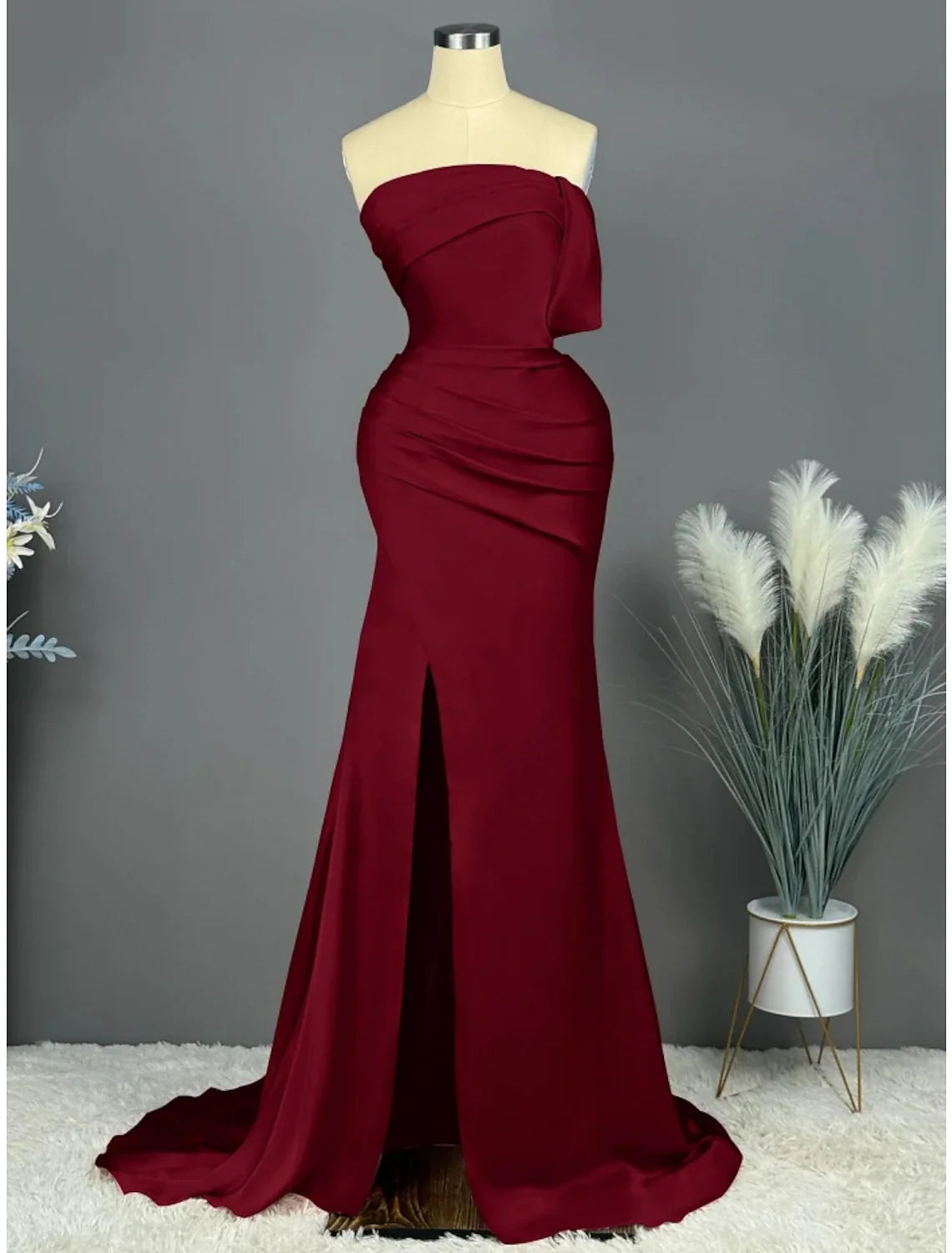 DingjiA-Line Evening Gown Elegant Dress Formal Sweep / Brush Train Sleeveless Strapless Satin with Pleats Ruched Slit