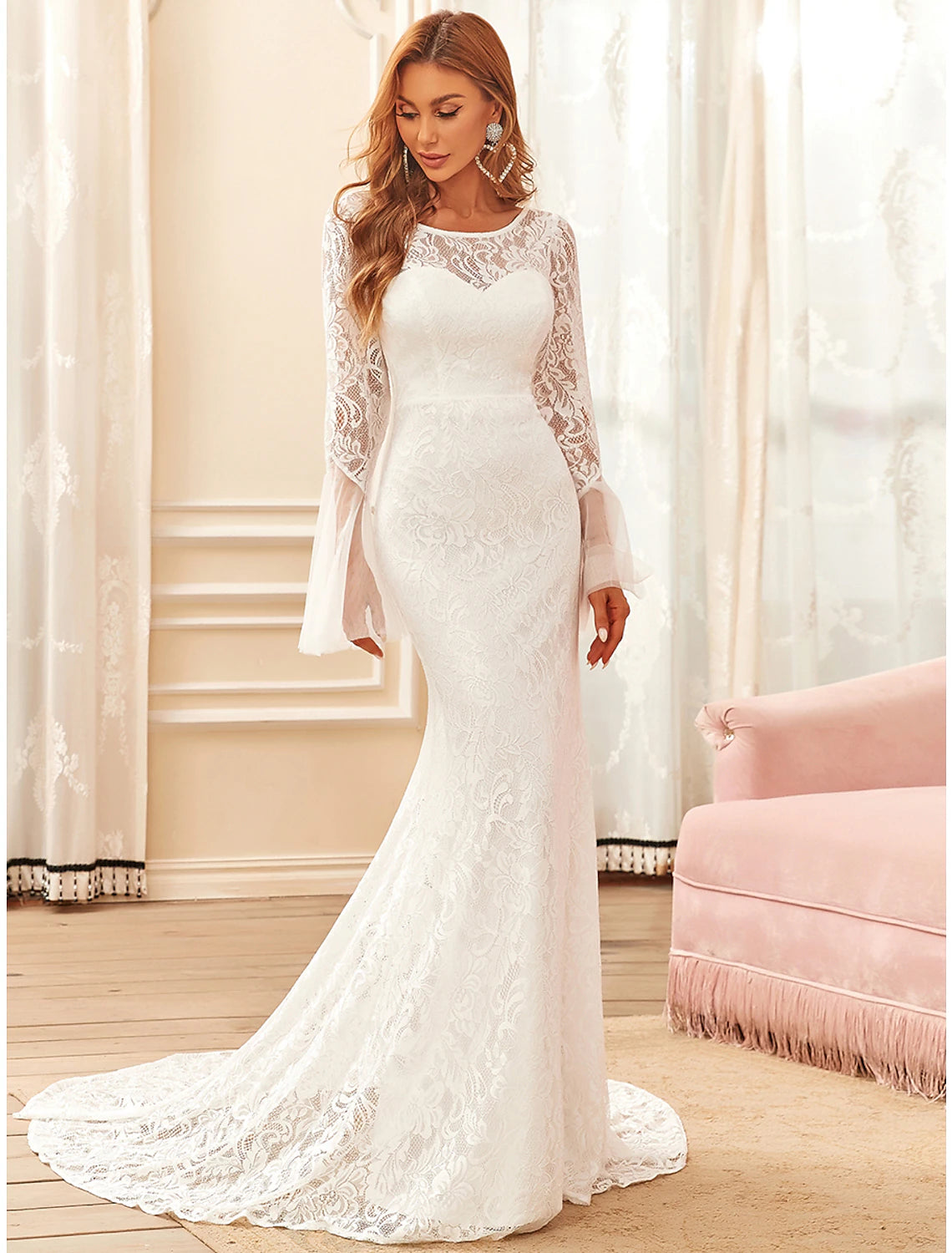 Reception Boho Wedding Dresses Mermaid / Trumpet Illusion Neck Long Sleeve Sweep / Brush Train Lace Bridal Gowns With Lace  Summer Wedding Party