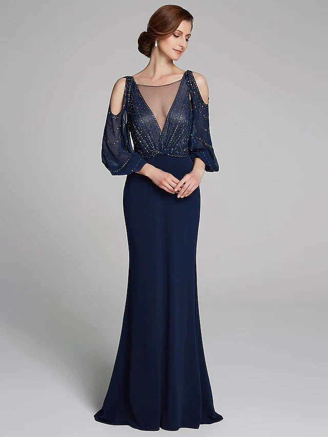 Sheath / Column Mother of the Bride Dress Sparkle & Shine Boat Neck Floor Length Chiffon Jersey Long Sleeve No with Beading Ruching