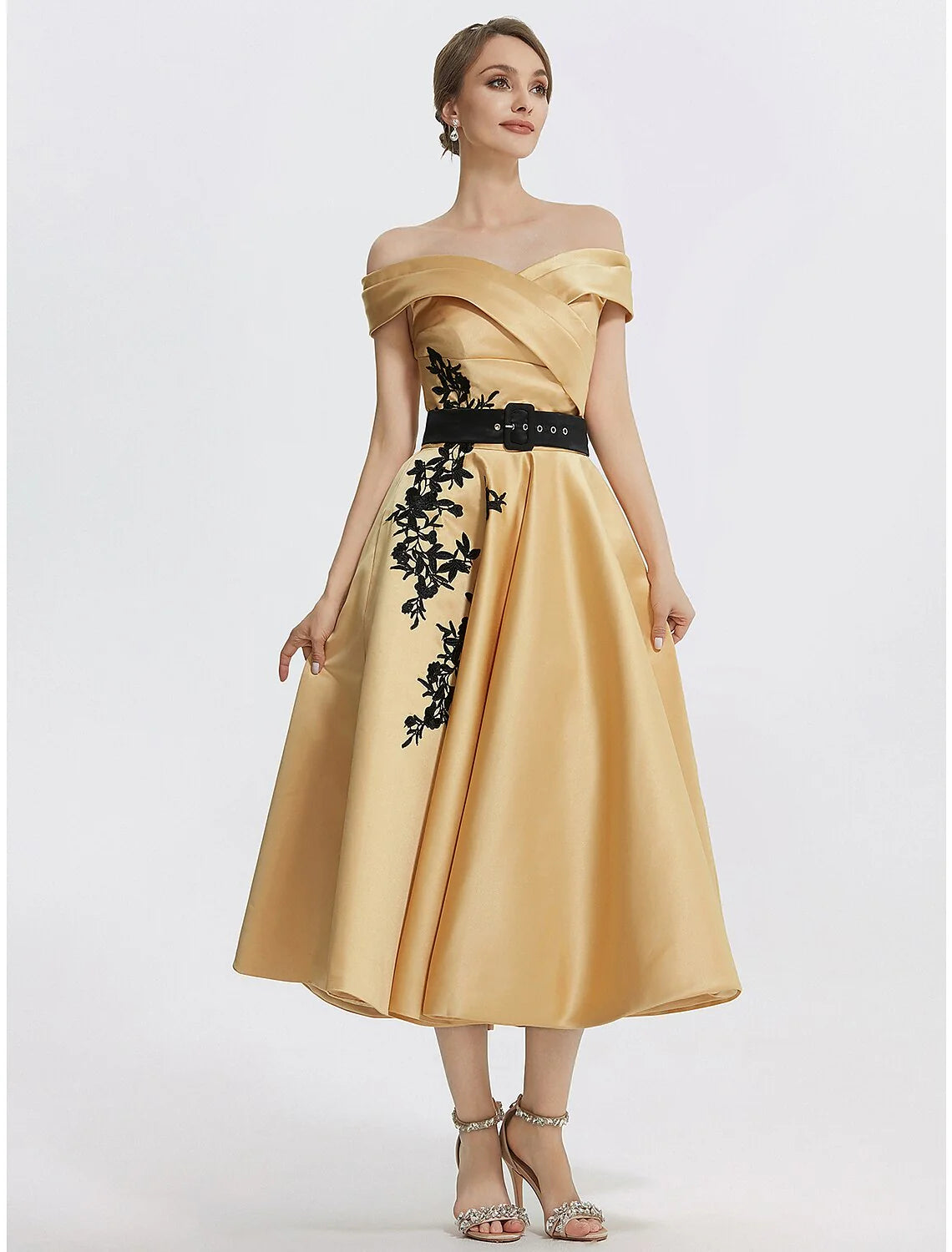 DingjiA-Line Cocktail Dresses Elegant Dress Formal Prom Tea Length Sleeveless Off Shoulder Satin with Appliques