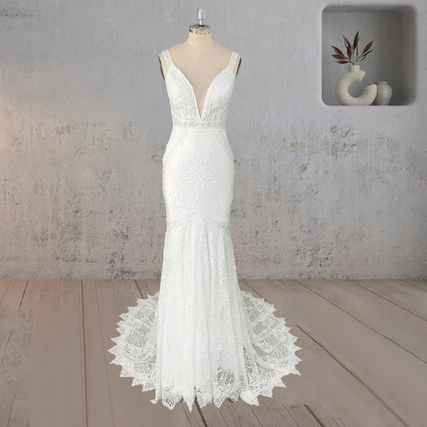 Mermaid White V Neck Illusion Wedding Dress