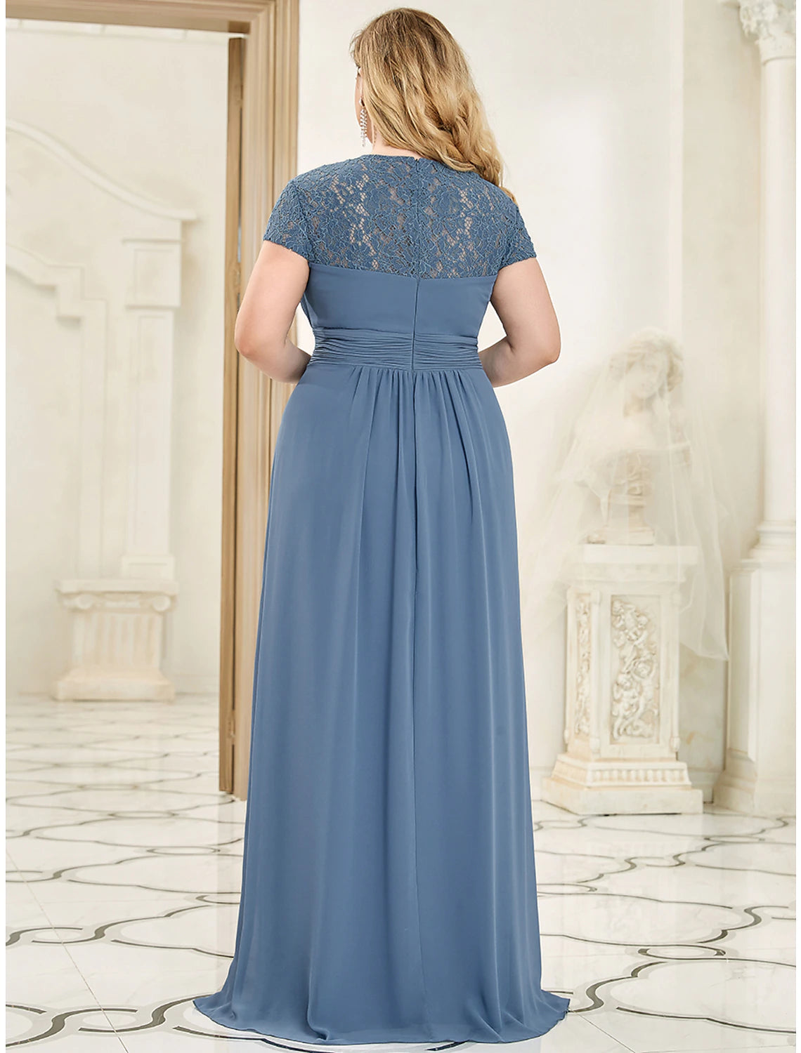 A-Line Evening Gown Plus Size Dress Wedding Guest Floor Length Short Sleeve Sweetheart Chiffon with Ruched