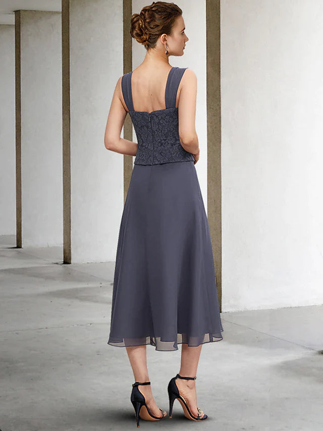 A-Line 3 Piece Mother of the Bride Dress Plus Size Elegant Square Neck Tea Length Chiffon Lace Sleeveless Wrap Included Jacket Dresses with Crystals Ruffles