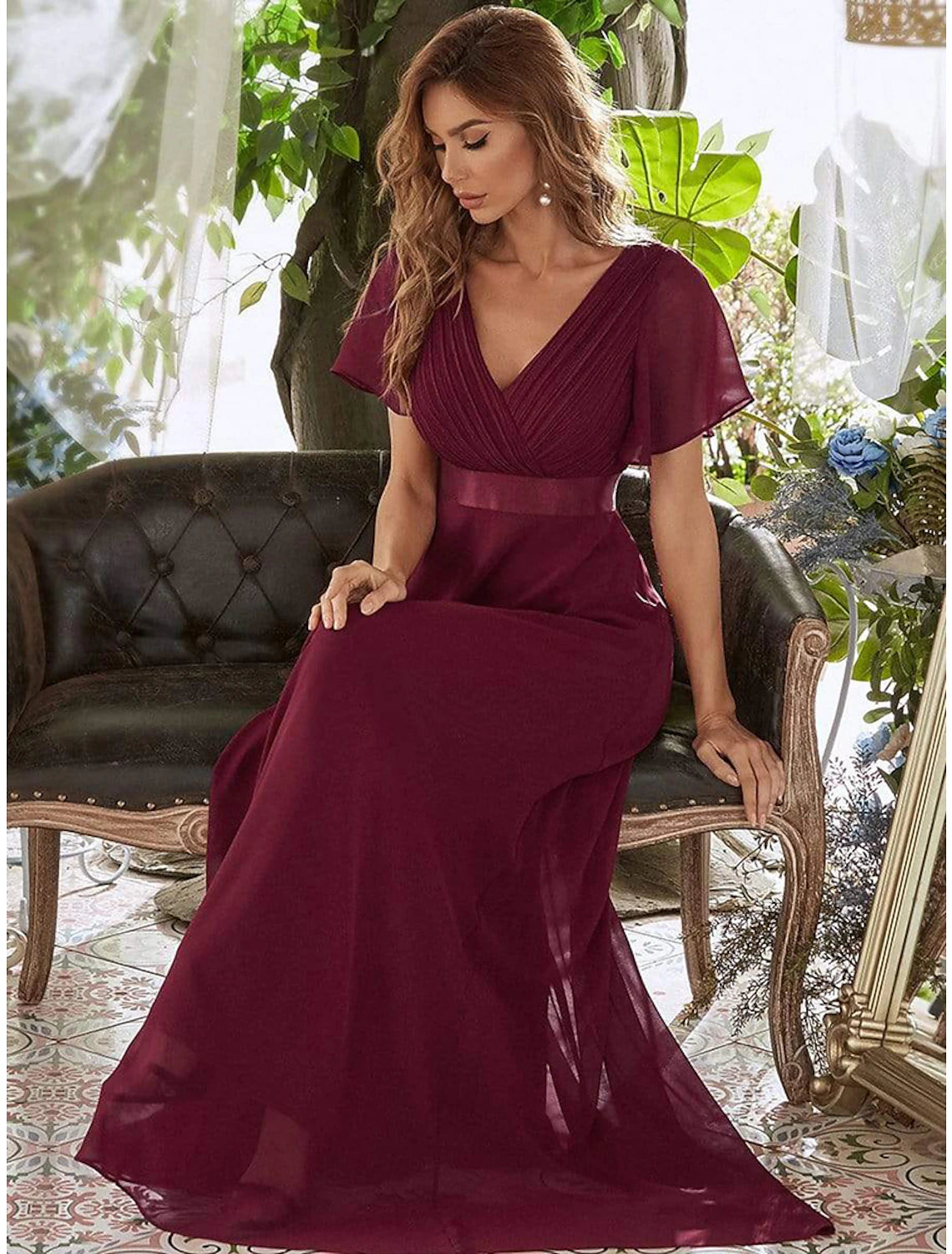 A-Line Evening Gown Empire Dress Wedding Guest Formal Evening Floor Length Short Sleeve V Neck Bridesmaid Dress Chiffon V Back with Ruffles Pure Color