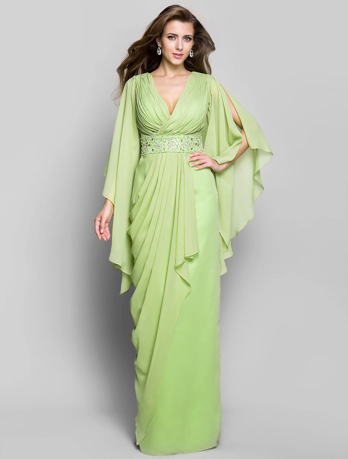 Sheath / Column Elegant Dress Wedding Guest Formal Evening Floor Length Long Sleeve V Neck Chiffon V Back with Crystals Side Draping