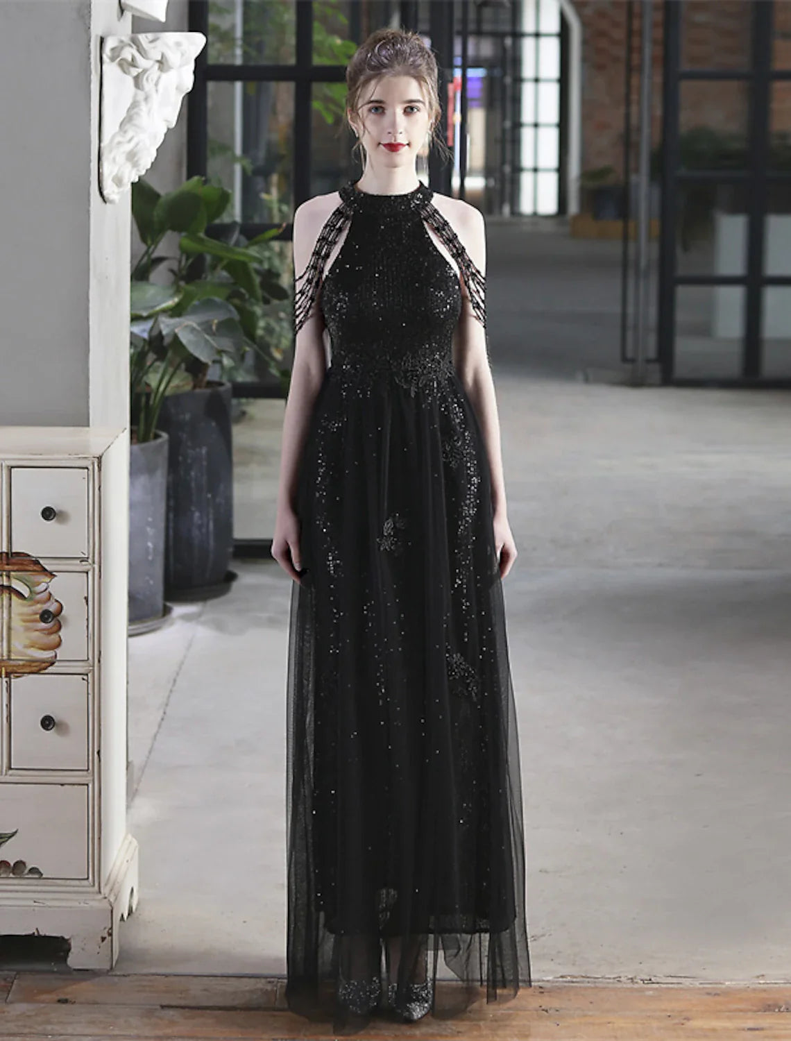 DingjiA-Line Prom Dresses Sparkle & Shine Dress Party Wear Floor Length Short Sleeve High Neck Polyester with Sequin Appliques