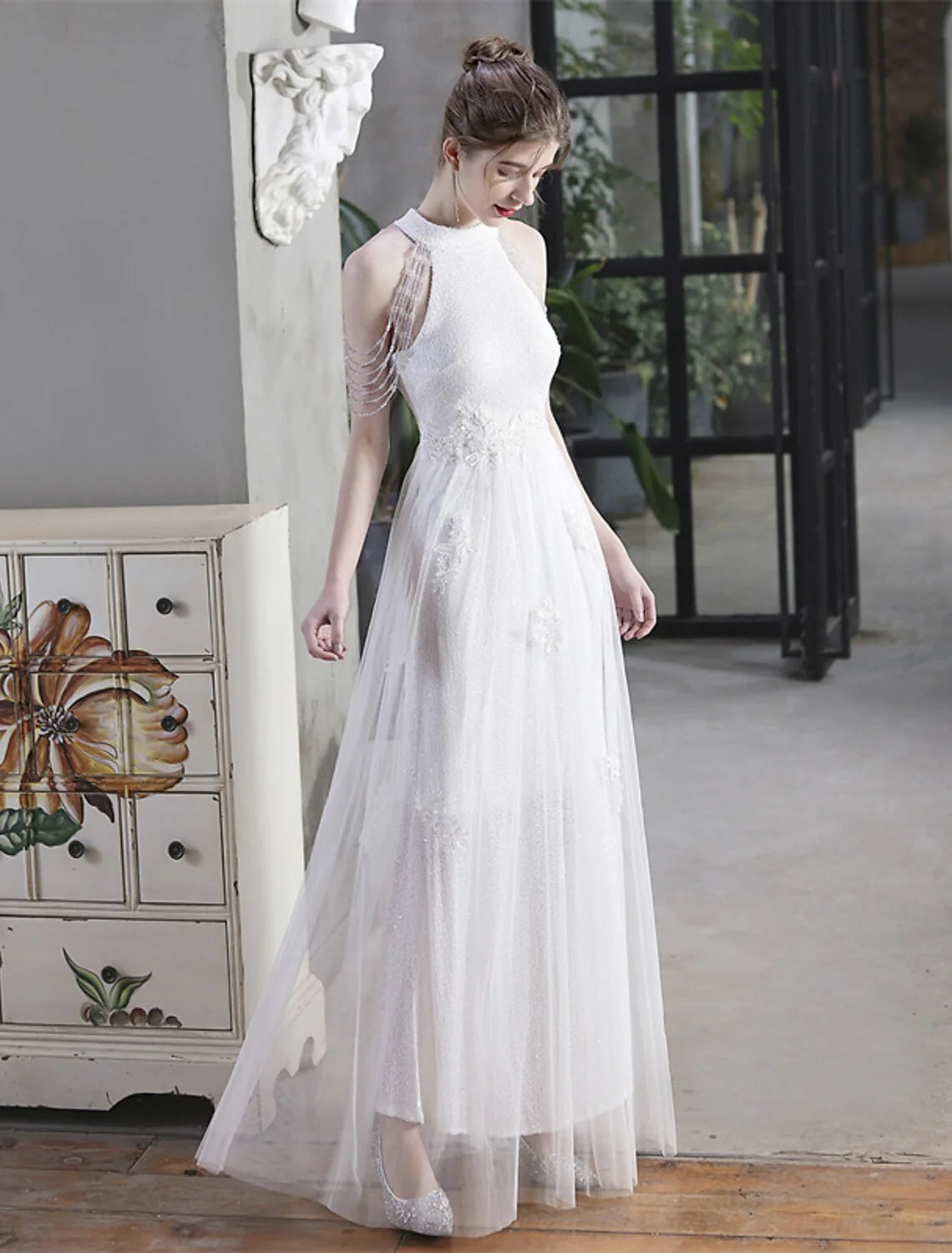 DingjiA-Line Prom Dresses Sparkle & Shine Dress Party Wear Floor Length Short Sleeve High Neck Polyester with Sequin Appliques