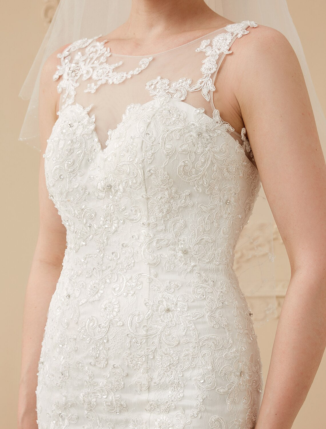 Hall Wedding Dresses Mermaid / Trumpet Scoop Neck Regular Straps Chapel Train Tulle Over Lace Bridal Gowns With Beading