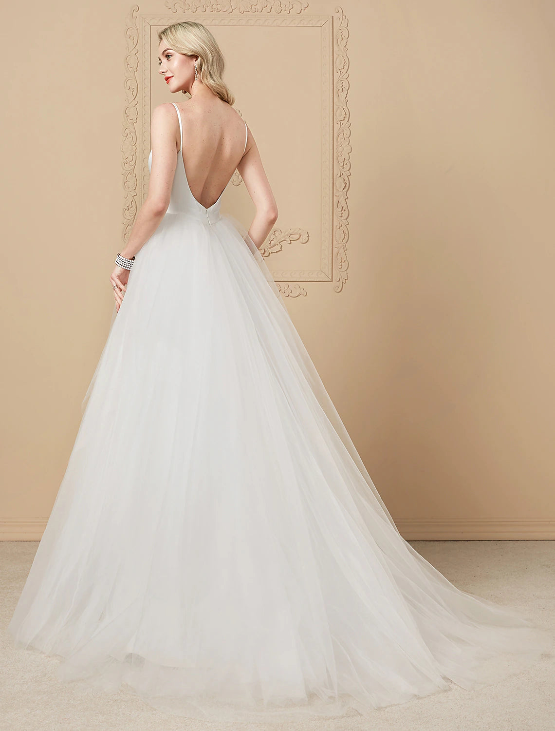Ball Gown V Neck Court Train Satin / Tulle Made-To-Measure Wedding Dresses with Beading / Crystals by / Open Back