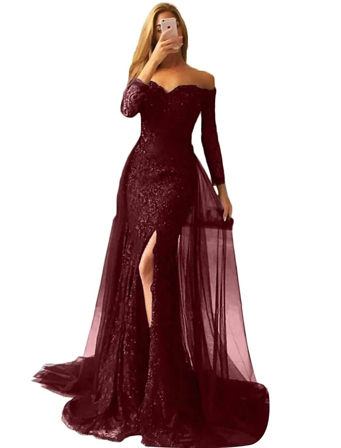 DingjiMermaid Evening Gown Floral Carnival Dress Formal Wedding Sweep / Brush Train Long Sleeve Off Shoulder Fall Wedding Reception Chiffon with Slit Appliques
