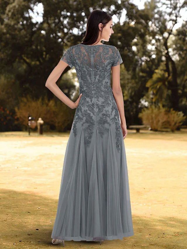 DingjiA-Line Evening Gown Elegant Dress Wedding Guest Floor Length Short Sleeve Jewel Neck Lace with Pleats Pure Color