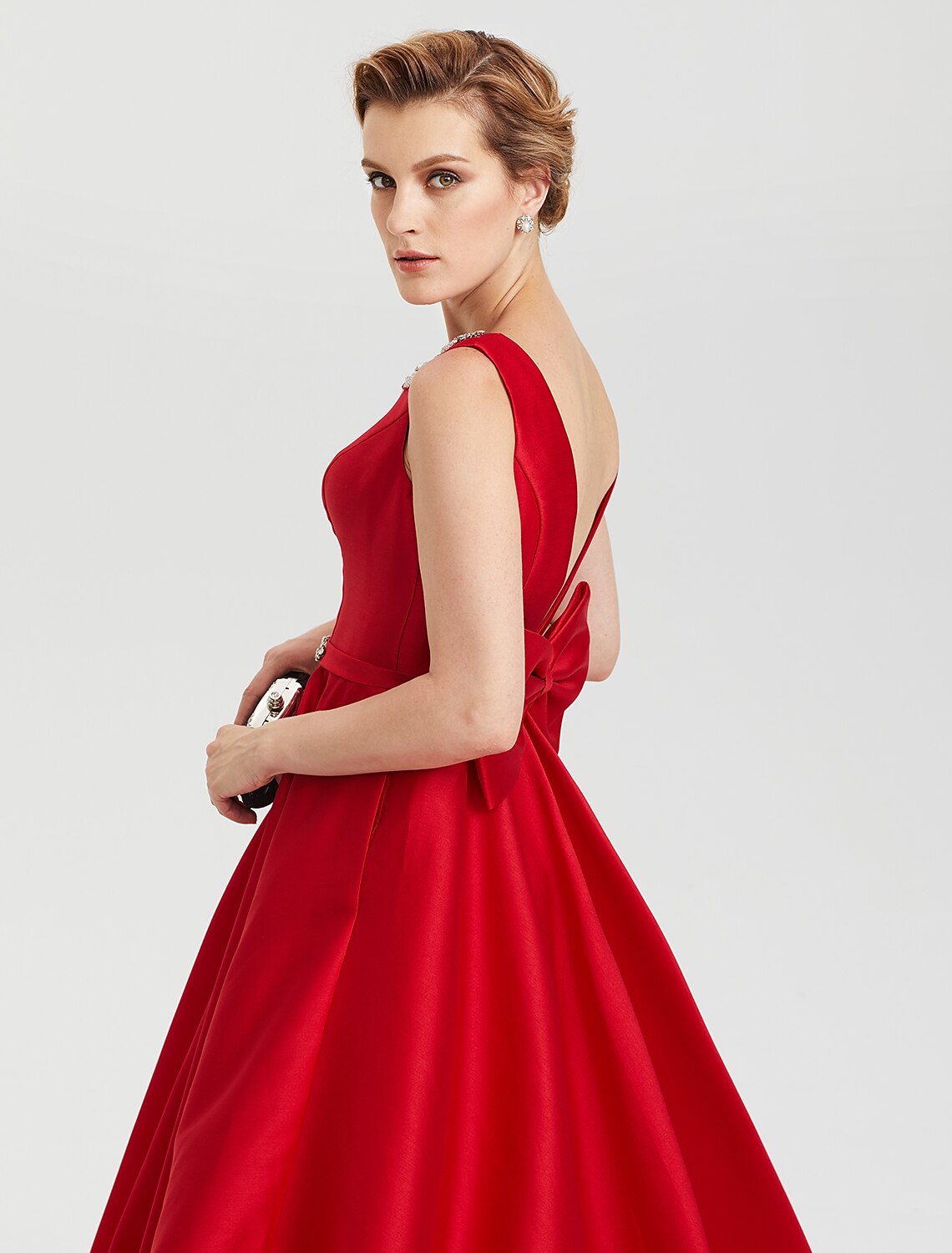 A-Line Elegant Open Back Evening Party Formal Dress Jewel Neck Sleeveless Tea Length Satin with Rhinestone Crystal Sash / Ribbon