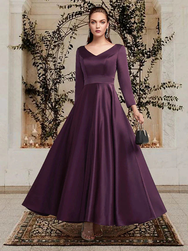 A-Line Mother of the Bride Dress Plus Size Elegant V Neck Ankle Length Satin Long Sleeve with Pleats Solid Color