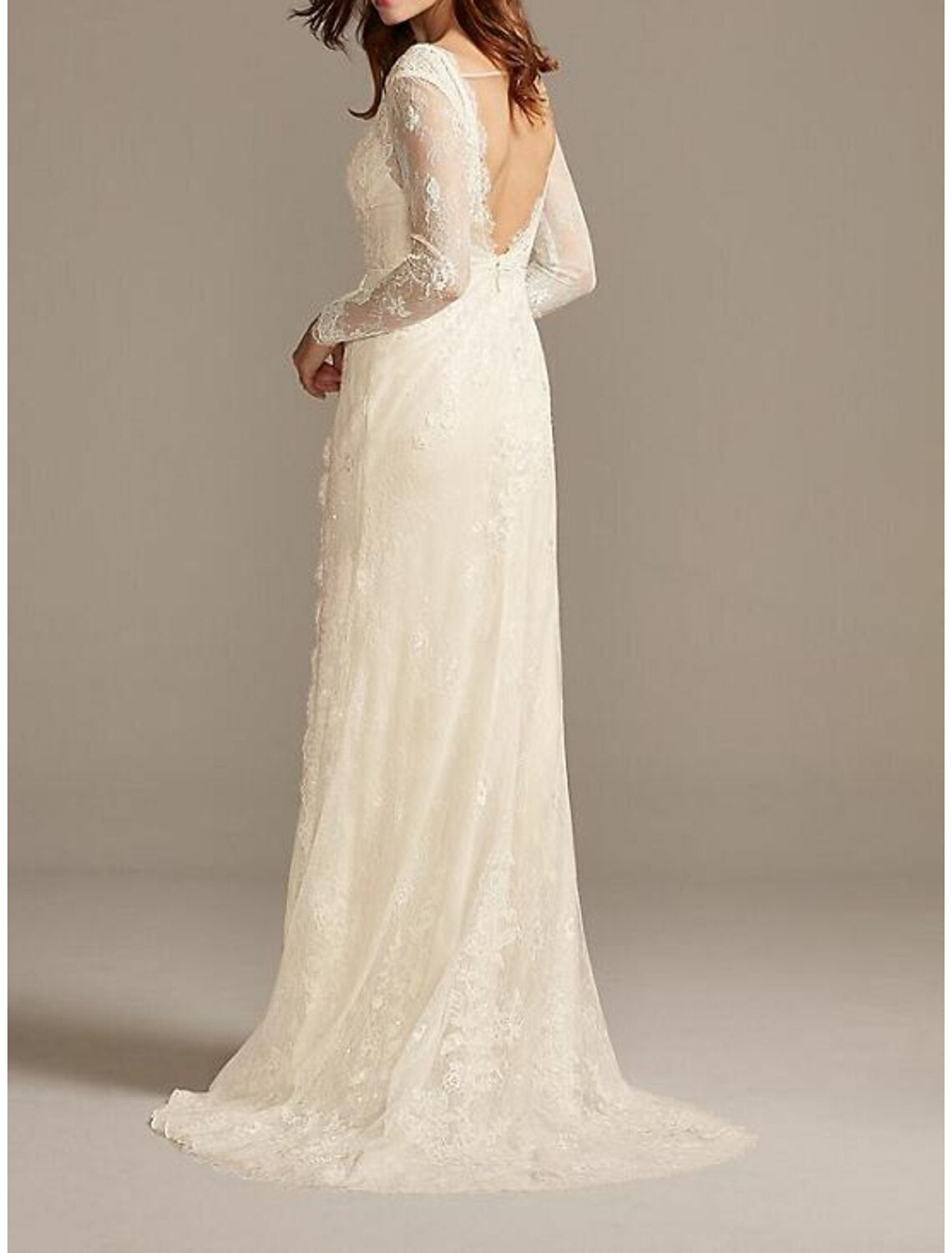Engagement Formal Fall Wedding Dresses Sheath / Column V Neck Long Sleeve Floor Length Lace Bridal Gowns With Lace Sashes / Ribbons Summer Wedding Party, Women‘s Clothing