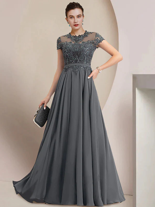 Sheath / Column Mother of the Bride Dress Wedding Guest Party Elegant Jewel Neck Floor Length Chiffon Lace Short Sleeve with Pleats Sequin