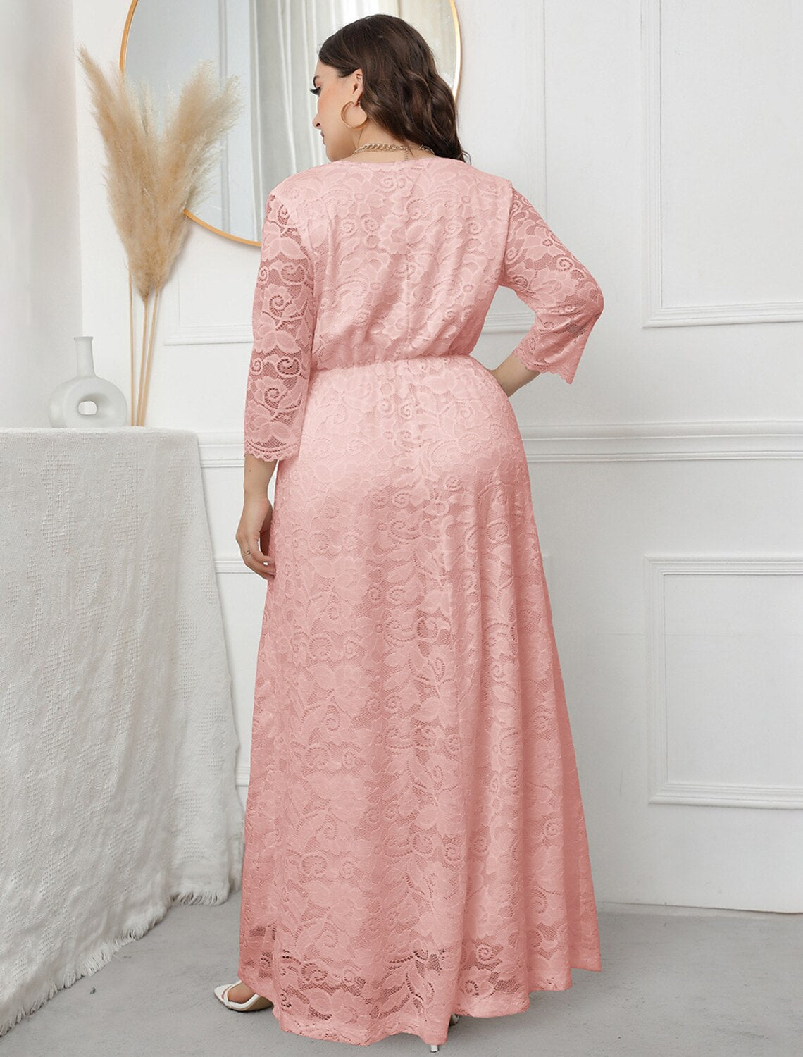 A-Line Evening Gown Vintage Dress Party Wear Formal Evening Floor Length 3/4 Length Sleeve V Neck Lace with Sleek Lace Insert