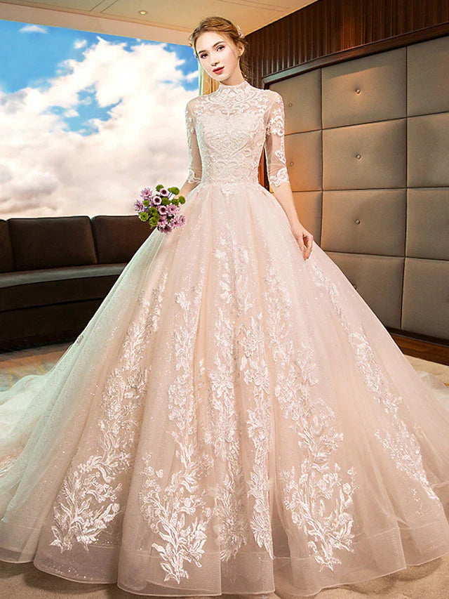 DingjiEngagement Sparkle & Shine Formal Wedding Dresses Cathedral Train Ball Gown Long Sleeve High Neck Lace With Sequin Appliques
