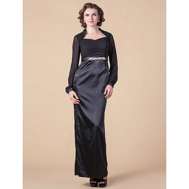 Sheath / Column Mother of the Bride Dress Queen Anne Floor Length Chiffon Stretch Satin Long Sleeve with Sash / Ribbon Beading Side Draping